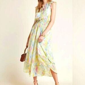 Anthropologie Watercolor V Neck Ruffle Sleeve Smock Waist Maxi Dress Size 4